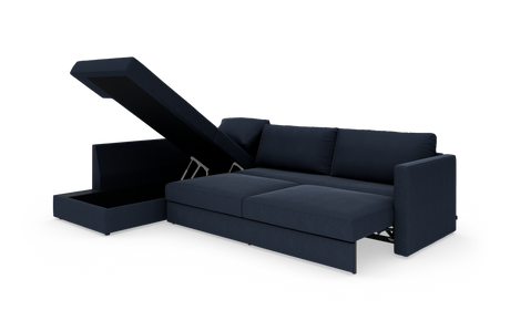 Mørkeblå modulsofa med chaiselong og opklappeligt opbevaringsrum, frilagt på hvid baggrund.