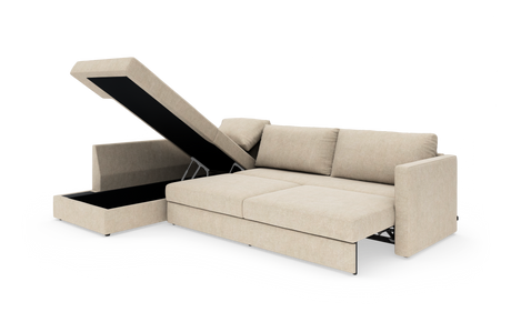 Beige sovesofa med chaiselong og åbent opbevaringsrum, vist i udslået sengeposition.