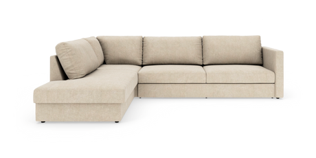 Beige L‑formet modulsofa med chaiselong til venstre, rene linjer og stofbetræk.