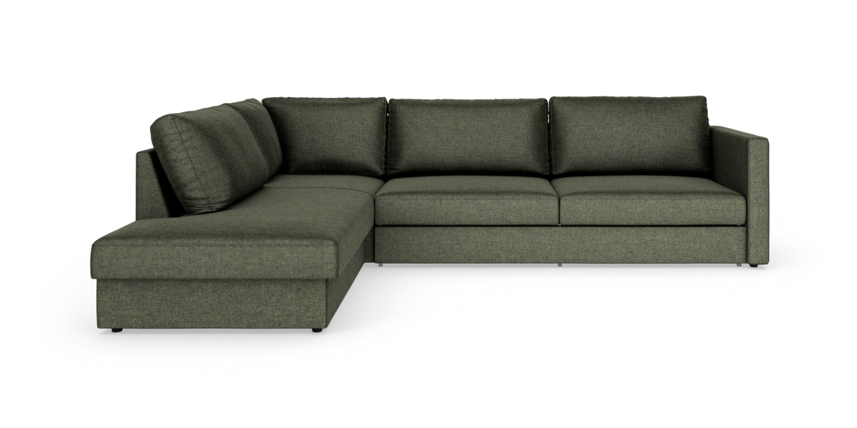Grøn L-formet modulsofa med venstrevendt chaiselong i stof, moderne og ren produktvisning på hvid baggrund.