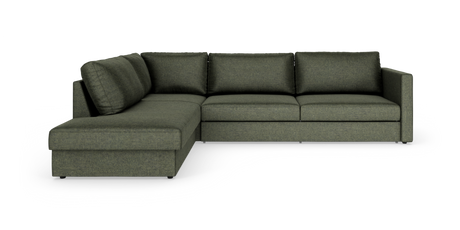 Grøn L-formet modulsofa med venstrevendt chaiselong i stof, moderne og ren produktvisning på hvid baggrund.