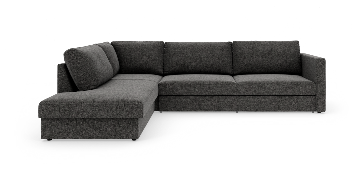 Mørkegrå L‑sofa med venstrevendt chaiselong, enkel moderne design på hvid baggrund.