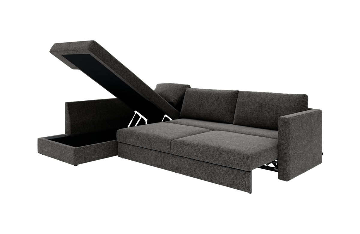 Mørkegrå sovesofa med løftbart armlæn/chaise og integreret opbevaringsrum, vist i skrå vinkel.