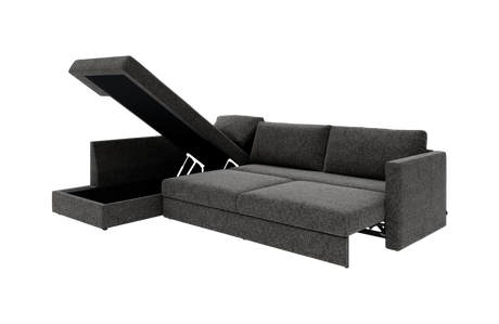 Mørkegrå sovesofa med løftbart armlæn/chaise og integreret opbevaringsrum, vist i skrå vinkel.