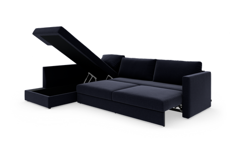 Mørkeblå sovesofa med chaiselong og opklappelig opbevaring, frilagt på hvid baggrund.