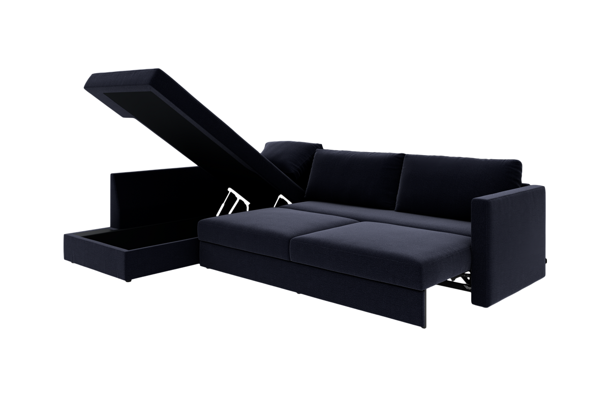 Mørkeblå sovesofa med åben opbevaringschaise, frilagt produktfoto.