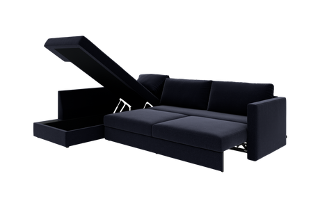 Mørkeblå sovesofa med åben opbevaringschaise, frilagt produktfoto.