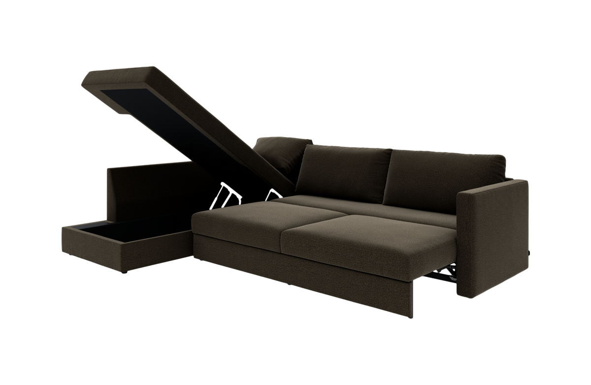 Brun sovesofa med åben opbevaringschaise, vist i studie på hvid baggrund.