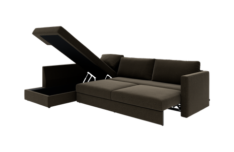Brun sovesofa med åben opbevaringschaise, vist i studie på hvid baggrund.