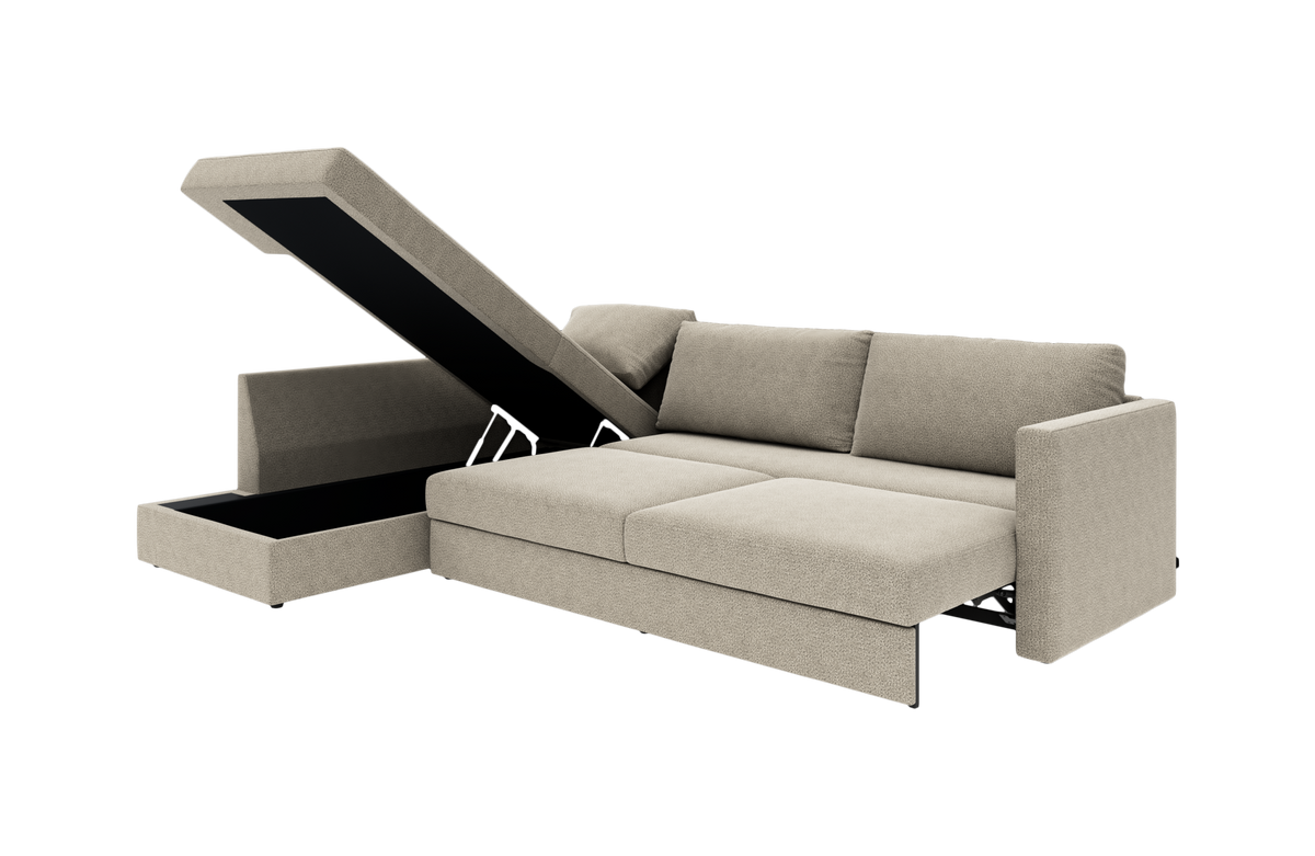 Beige sovesofa med åben opbevaring i chaiselong, frilagt mod hvid baggrund i skråt frontal perspektiv.