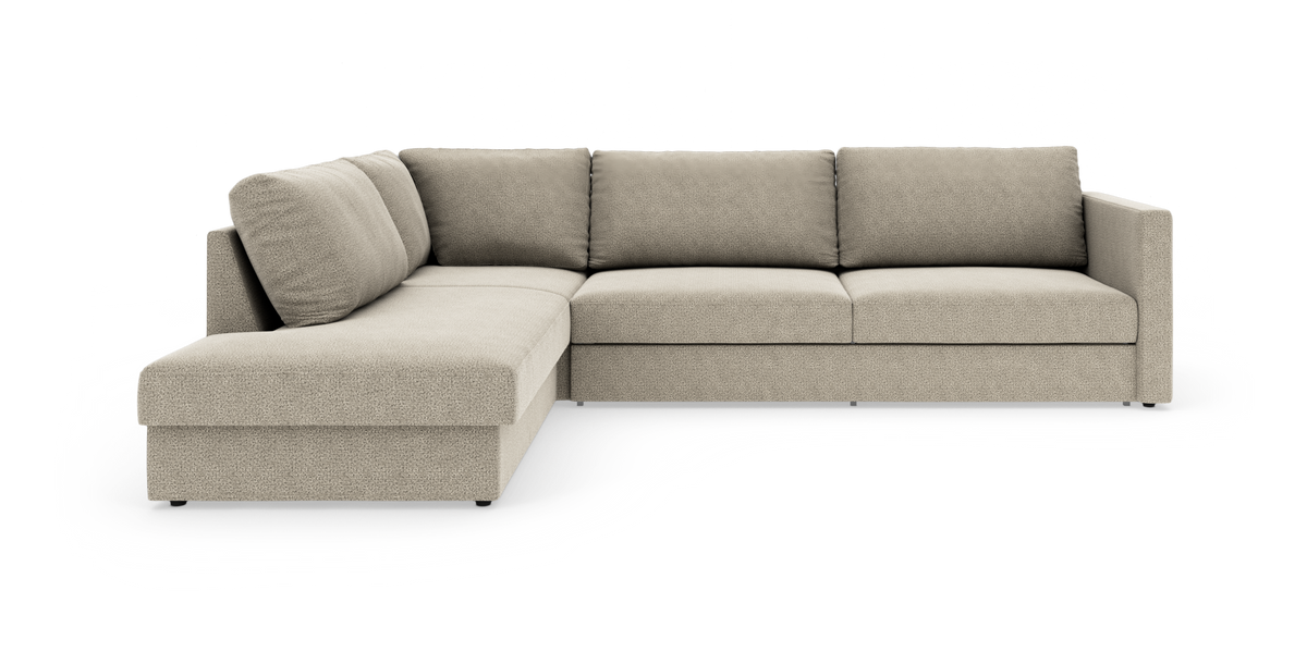Beige L-formet hjørnesofa med venstre chaiselong og lige armlæn, vist på hvid baggrund.