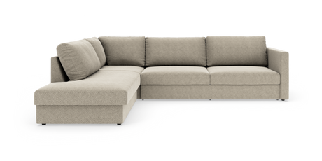 Beige L-formet hjørnesofa med venstre chaiselong og lige armlæn, vist på hvid baggrund.