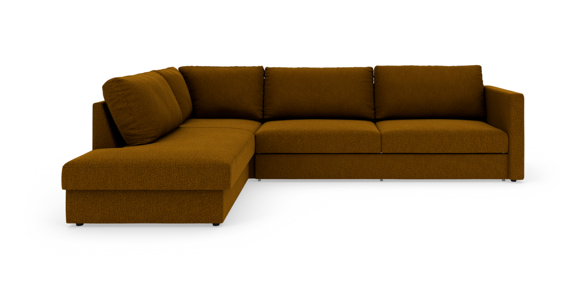 Brun L-formet modulsofa i stof på hvid baggrund.
