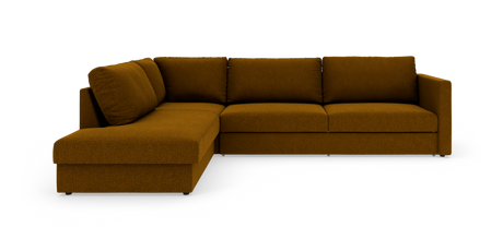 Brun L-formet modulsofa i stof på hvid baggrund.