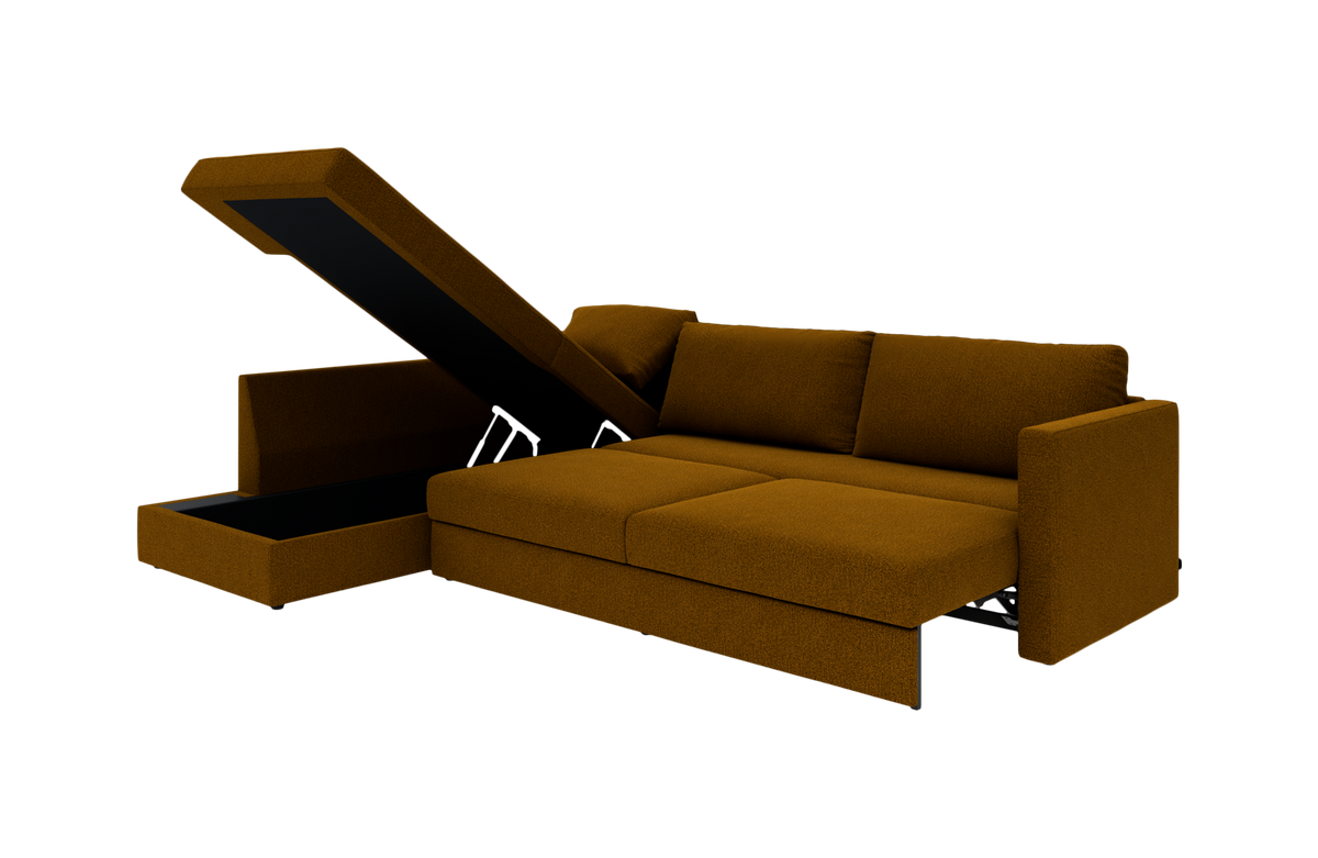 Brun modulsofa med chaiselong og opklappeligt opbevaringsrum, vist i trekvart vinkel mod sort baggrund.