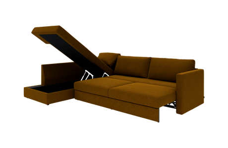 Brun modulsofa med chaiselong og opklappeligt opbevaringsrum, vist i trekvart vinkel mod sort baggrund.