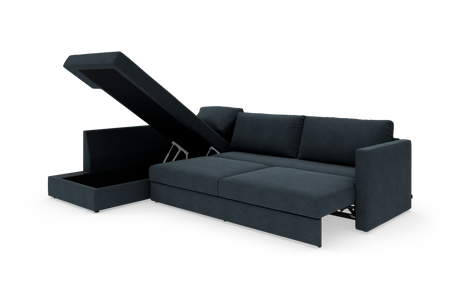 Mørkegrå hjørnesofa med chaiselong og opklappelig opbevaring, frilagt på hvid baggrund.