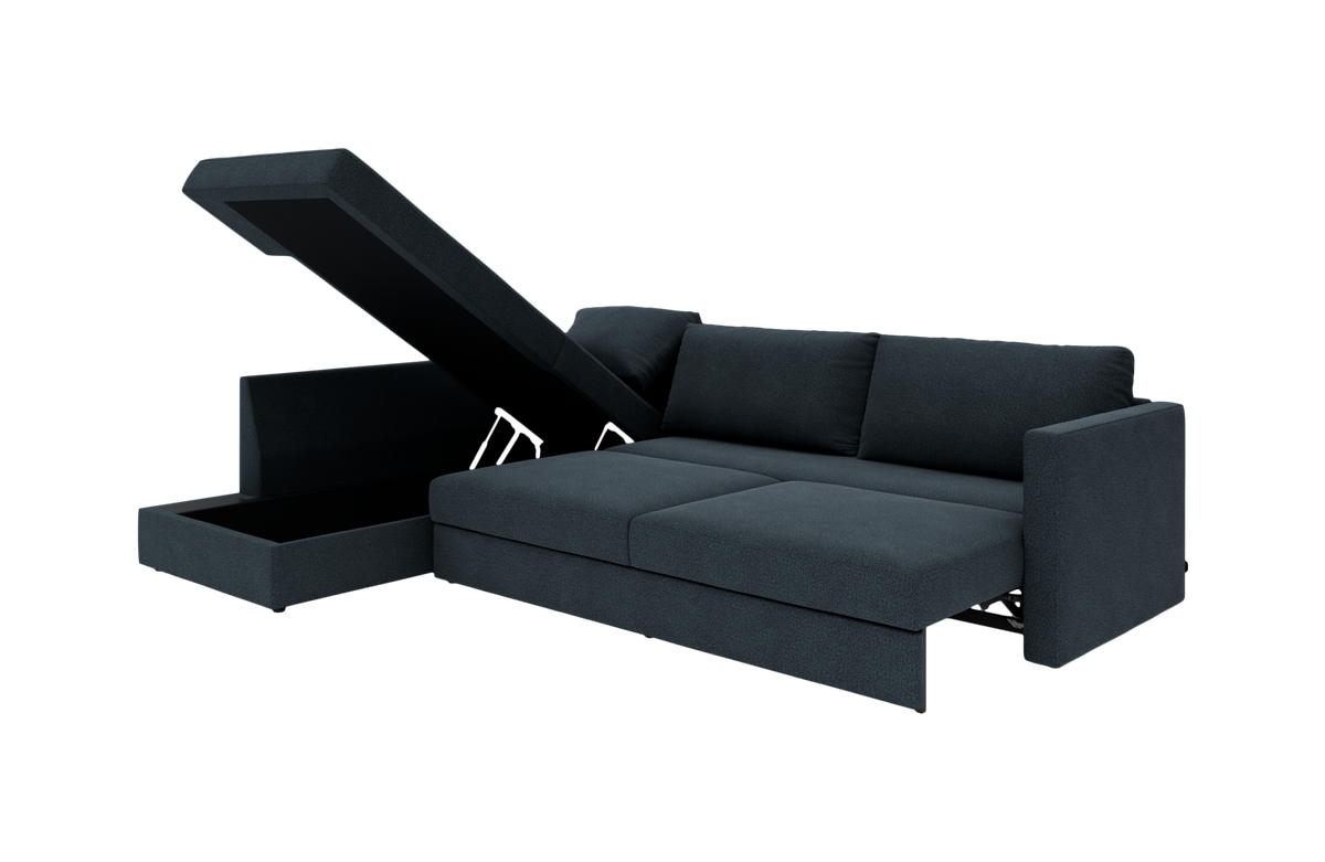 Mørkeblå sovesofa med chaiselong og åbent opbevaringsrum i divanen, frilagt på hvid baggrund.