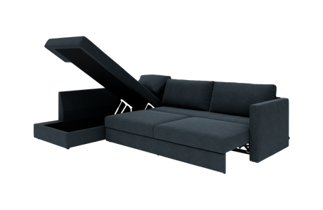 Mørkeblå sovesofa med chaiselong og åbent opbevaringsrum i divanen, frilagt på hvid baggrund.