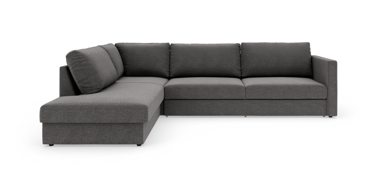 Mørkegrå L-formet stofhjørnesofa på hvid baggrund.