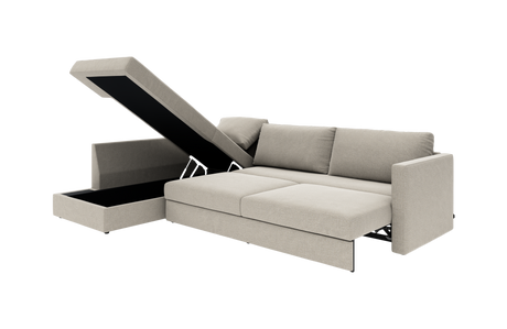 Beige sovesofa med åben chaiselong med opbevaring, frilagt mod hvid baggrund.