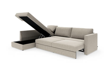 Beige sovesofa med chaiselong og åbent opbevaringsrum i chaiselongen, vist i studie mod hvid baggrund.