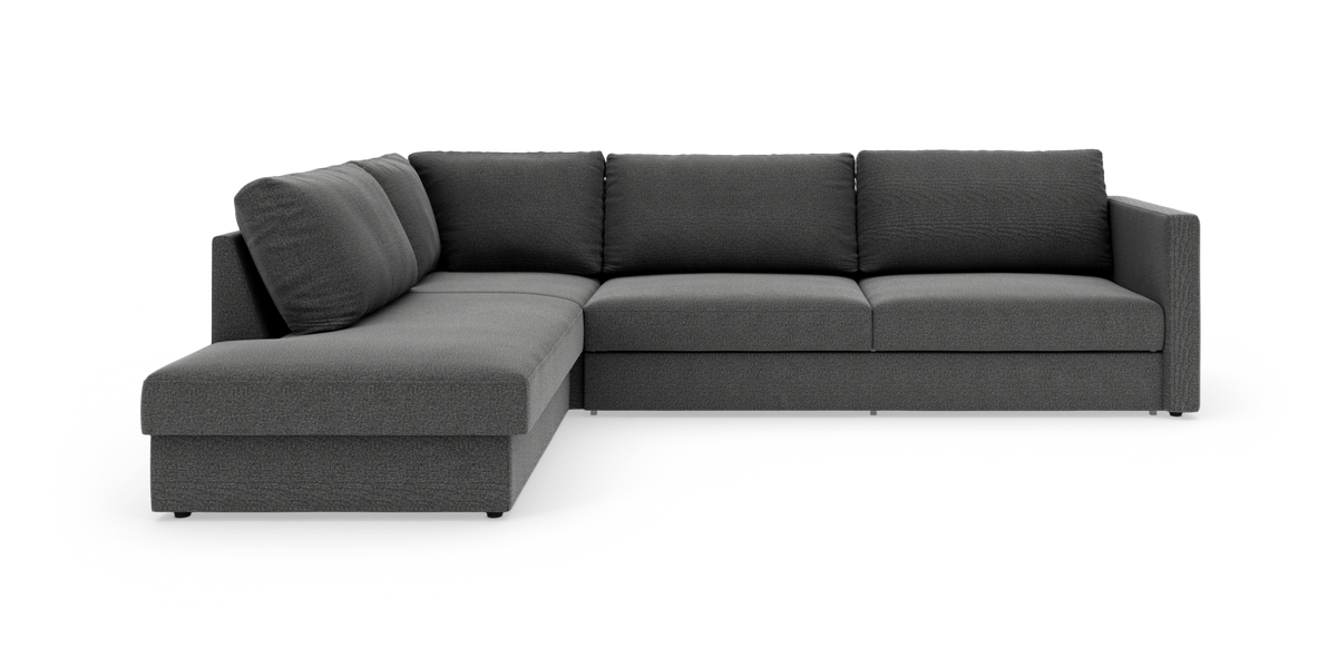 Mørkegrå L‑formet modulsofa med venstrevendt chaiselong, tre sæder og lige armlæn på hvid baggrund.
