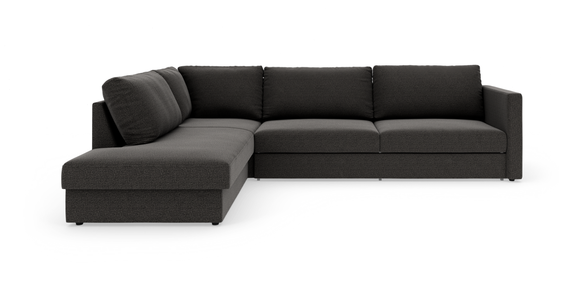 Mørkegrå L‑sofa med chaiselong til venstre, enkel moderne design, frilagt på hvid baggrund.