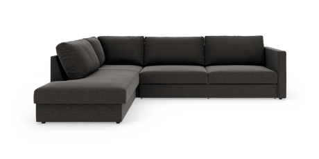 Mørkegrå L‑sofa med chaiselong til venstre, enkel moderne design, frilagt på hvid baggrund.