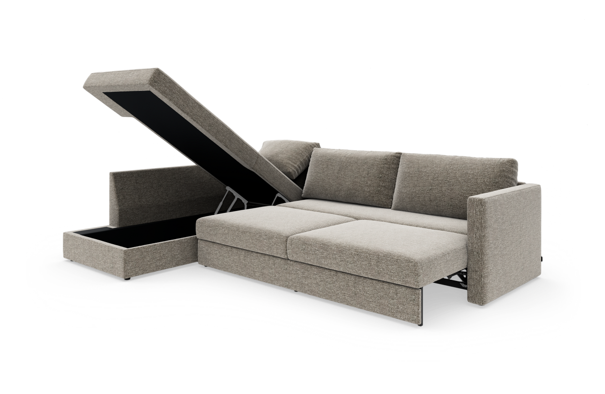 Beigegrå sovesofa med chaiselong og løftbart opbevaringsrum, vist åben på hvid baggrund.