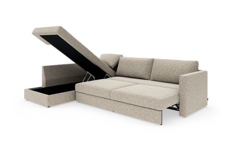 Beige hjørnesofa med udtrækkelig sovefunktion og åben opbevaringschaise på hvid baggrund.