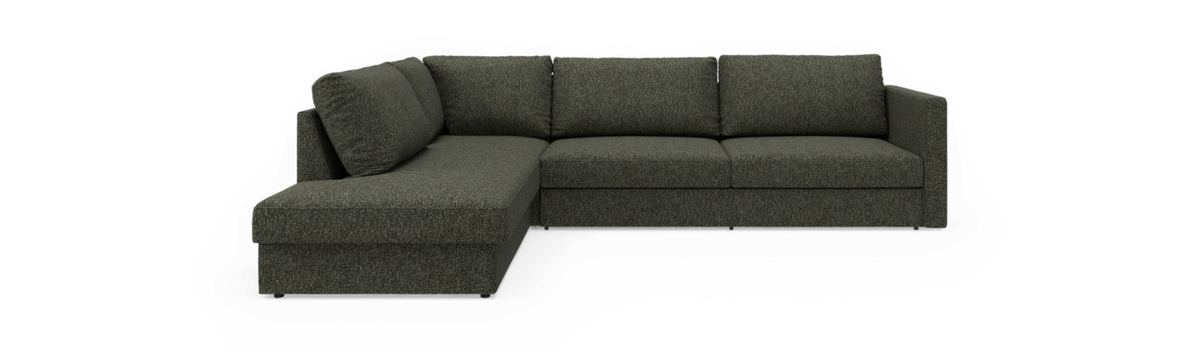 Mørkegrøn L‑formet hjørnesofa med venstrevendt chaiselong.