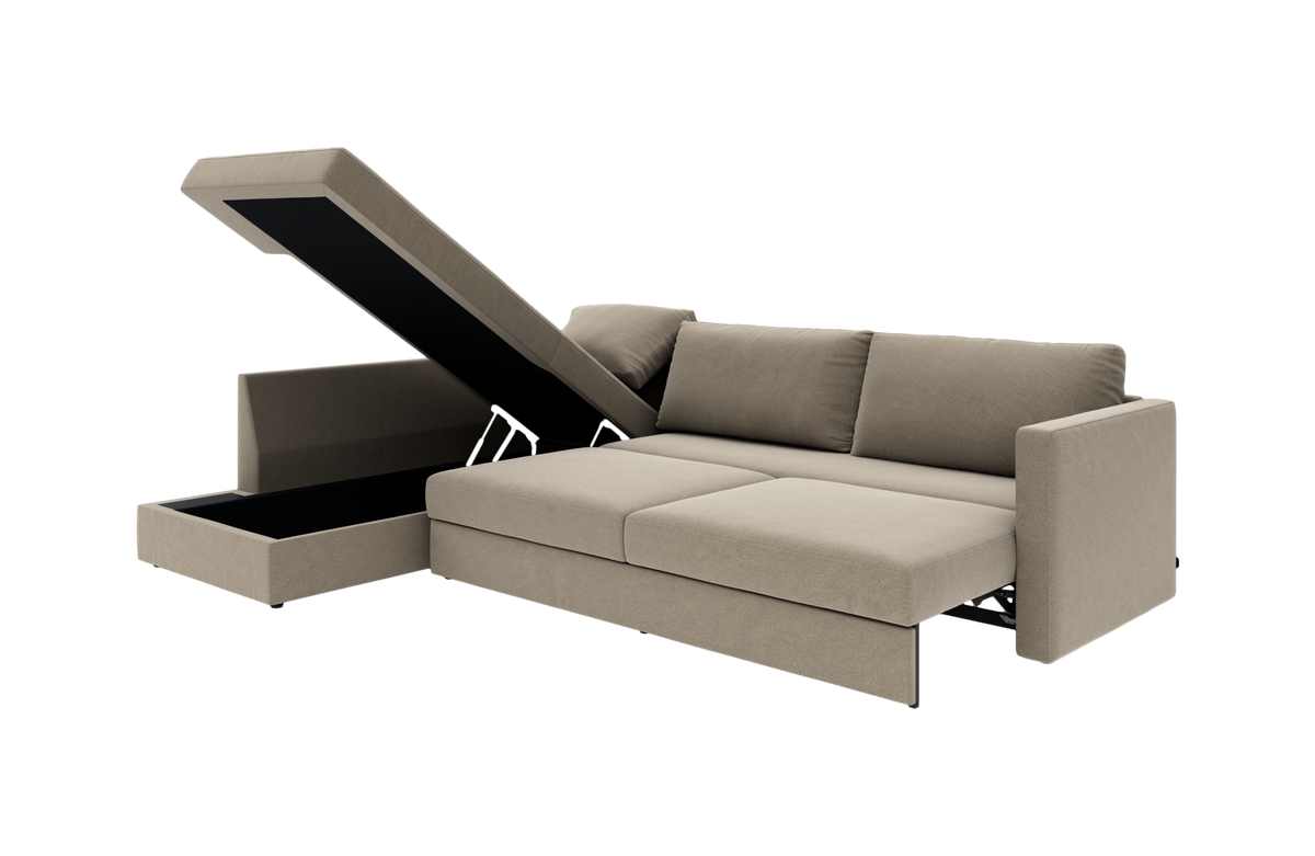 Beige sovesofa med åbent chaiselonglåg og integreret opbevaring, vist i vinkel på neutral baggrund.