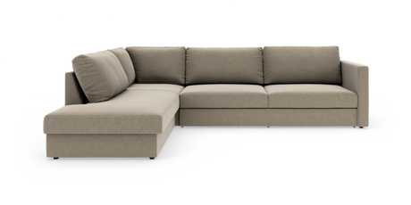 Beige L‑formet modulsofa isoleret på hvid baggrund.