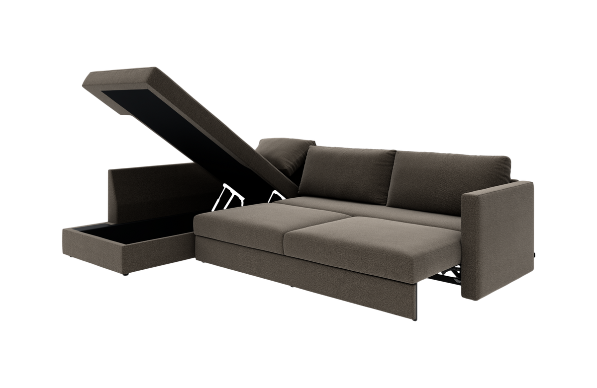 Sovesofa med chaiselong og løftbart opbevaringsrum i brungråt stof, frilagt produktvisning.