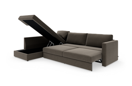 Brungrå sovesofa med chaiselong og åbent opbevaringsrum, frilagt på hvid baggrund.