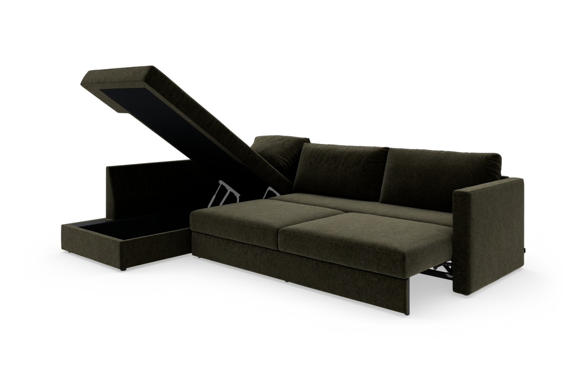 Mørkegrøn sovesofa med chaiselong og opklappeligt opbevaringsrum, frilagt på hvid baggrund.