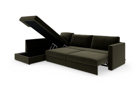 Mørkegrøn sovesofa med chaiselong og opklappeligt opbevaringsrum, frilagt på hvid baggrund.