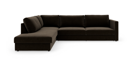 Mørkebrun L‑sofa med venstrevendt chaiselong i stof, moderne design frilagt på hvid baggrund.