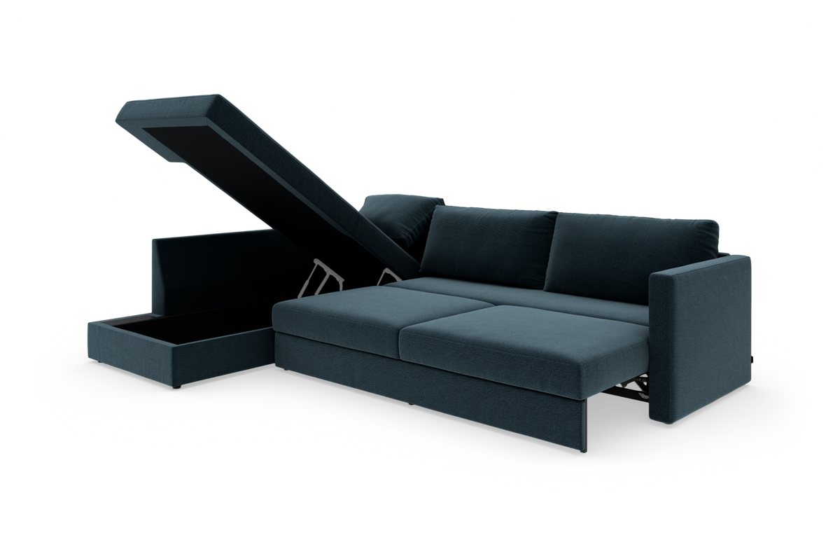 Mørkeblå sovesofa med åben opbevaring i chaiselong, frilagt mod hvid baggrund.