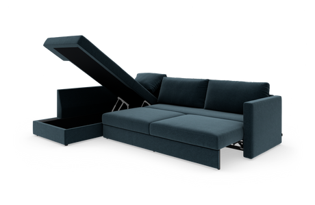 Mørkeblå sovesofa med åben opbevaring i chaiselong, frilagt mod hvid baggrund.