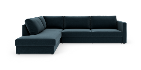 Mørkeblå L‑sofa med chaiselong til venstre, frilagt på hvid baggrund.