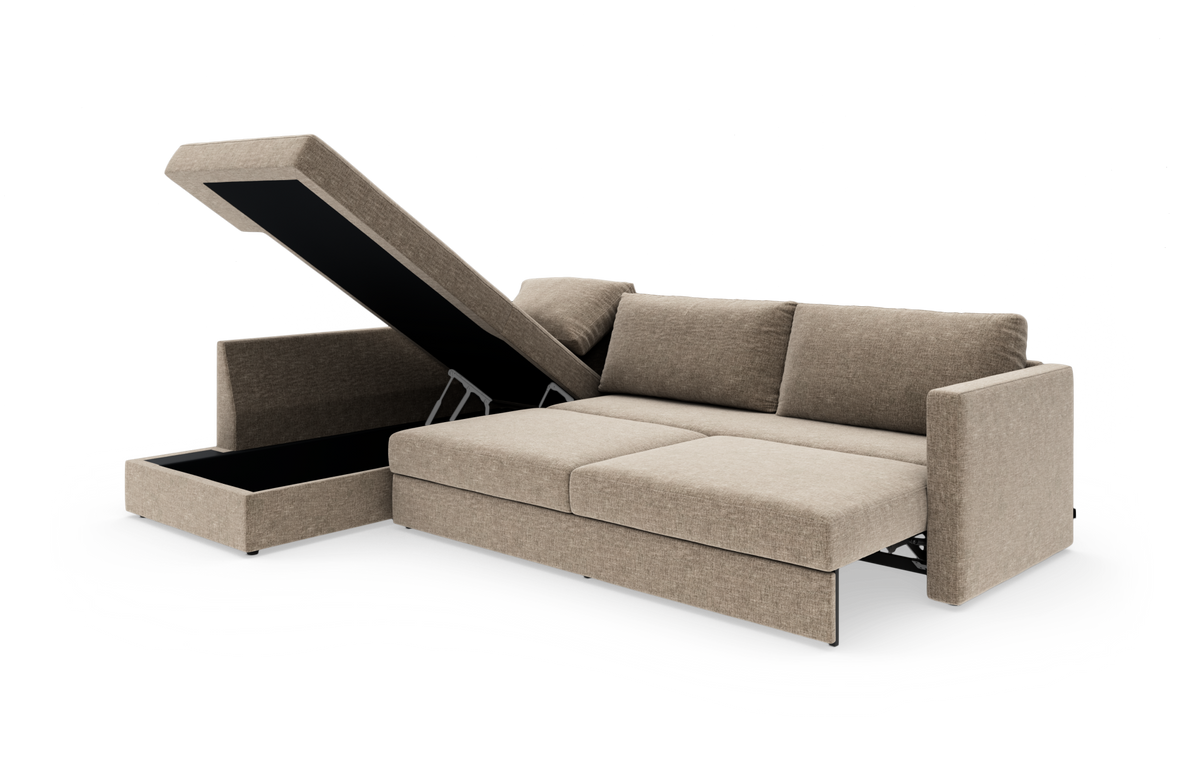 Beige sovesofa med åbning i chaiselong og integreret opbevaring, vist i udslået position.
