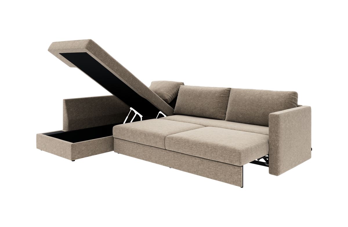 Beige sovesofa med chaiselong og integreret opbevaring, vist med åbent rum.
