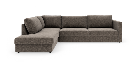 L-formet modulsofa i brungråt tekstil med venstrevendt chaiselong, fotograferet i studie.