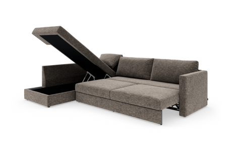 Modulær grå/beige sovesofa med åbent opbevaringsrum i chaiselongen, vist i studie på hvid baggrund.