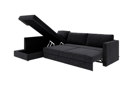 Mørkegrå sovesofa med åben opbevaring i chaiselongen, frilagt på hvid baggrund.