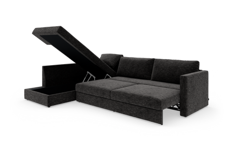 Mørkegrå sovesofa med åben chaiselong og opbevaring, frilagt på hvid baggrund.