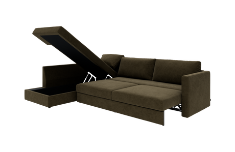 Brun sovesofa med chaiselong, åben opbevaringsdel og udtrukket liggedel.