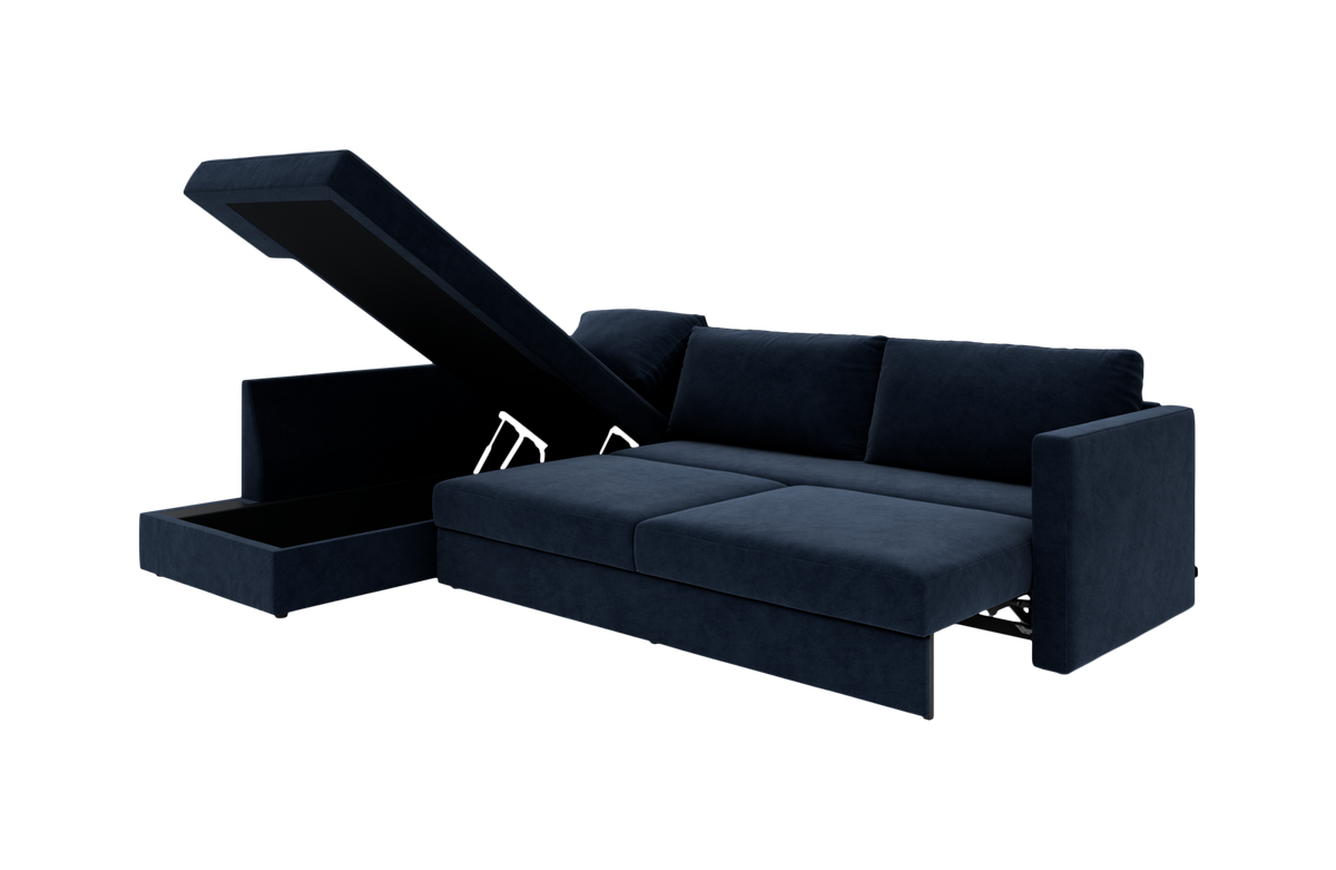 Mørkeblå hjørnesofa med sovefunktion og åbent opbevaringsrum i chaiselongen, frilagt.